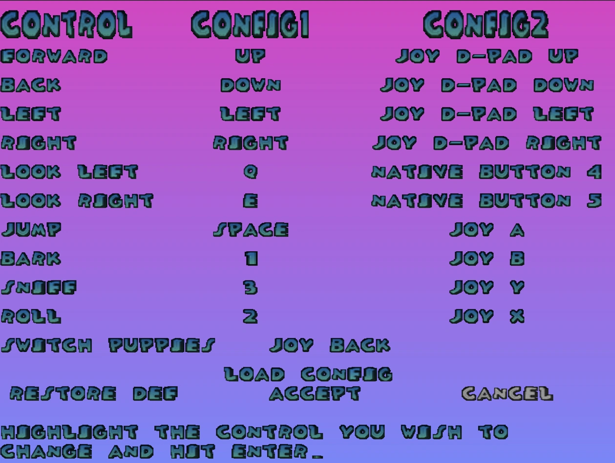 The in-game controls menu bound for a sample keyboard preference and controller layout
