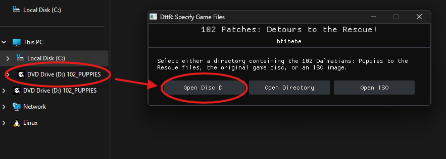 DttR loader showing an inserted game disc