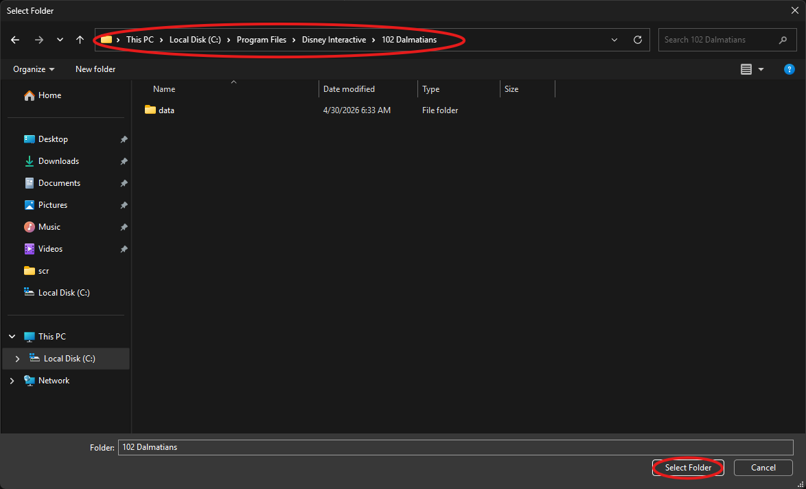 Windows directory picker selecting an installed 102 Dalmatians directory