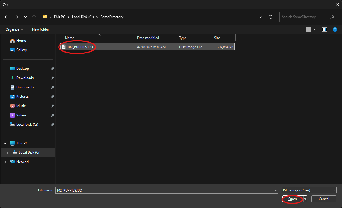 Windows file picker selecting a 102 Puppies ISO image